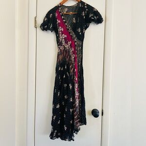VTG 70s Whimsygoth Fairycore festival hippie feather print midi bias cut dress